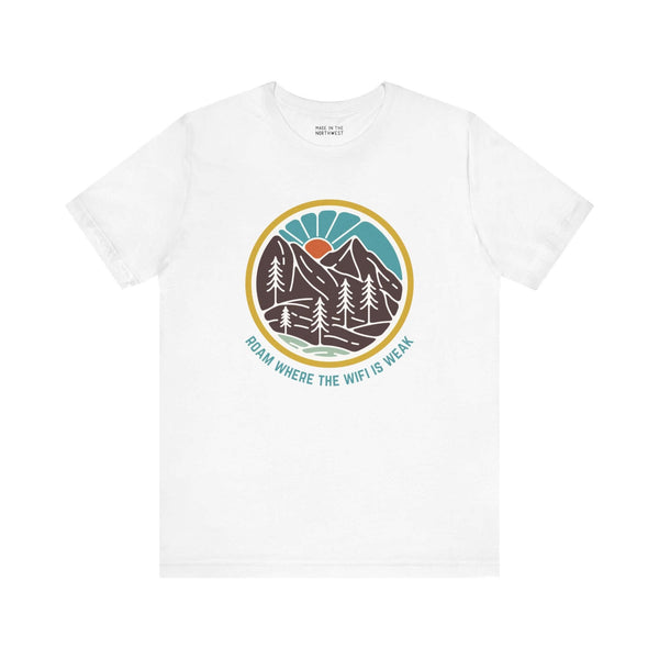 White hiking tee with colorful forest design and "Roam Where the WiFi is Weak" text, ideal for nature lovers and wanderers.