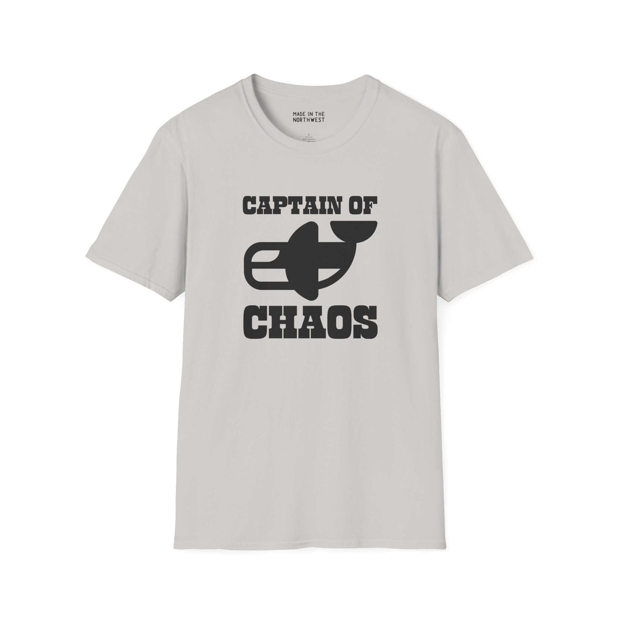 Captain of Chaos Orca Softstyle T-Shirt in light gray, featuring bold black text and orca graphic.
