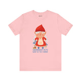 Gnomebody Puts Baby in the Corner pink tee featuring a whimsical female gnome and playful text.