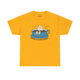 Yellow tee with bear lounging in coffee cup, text 