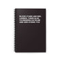Black spiral notebook with poem "Blood stains are red, Luminol turns blue, I'm bingeing Dateline and side-eyeing you".