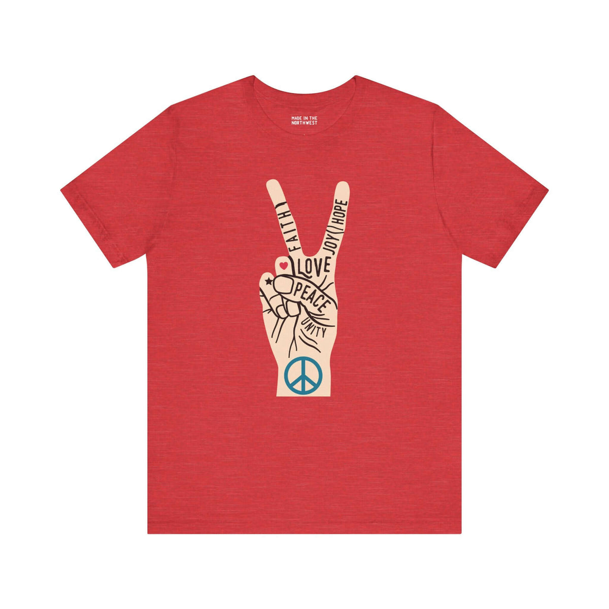 Power in Peace Premium Soft Tee featuring a hand with peace sign and uplifting words in a vibrant red color.