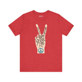 Power in Peace Premium Soft Tee featuring a hand with peace sign and uplifting words in a vibrant red color.