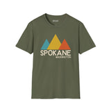 Modern Peaks Spokane T Shirt featuring a sleek mountain design in vibrant colors.