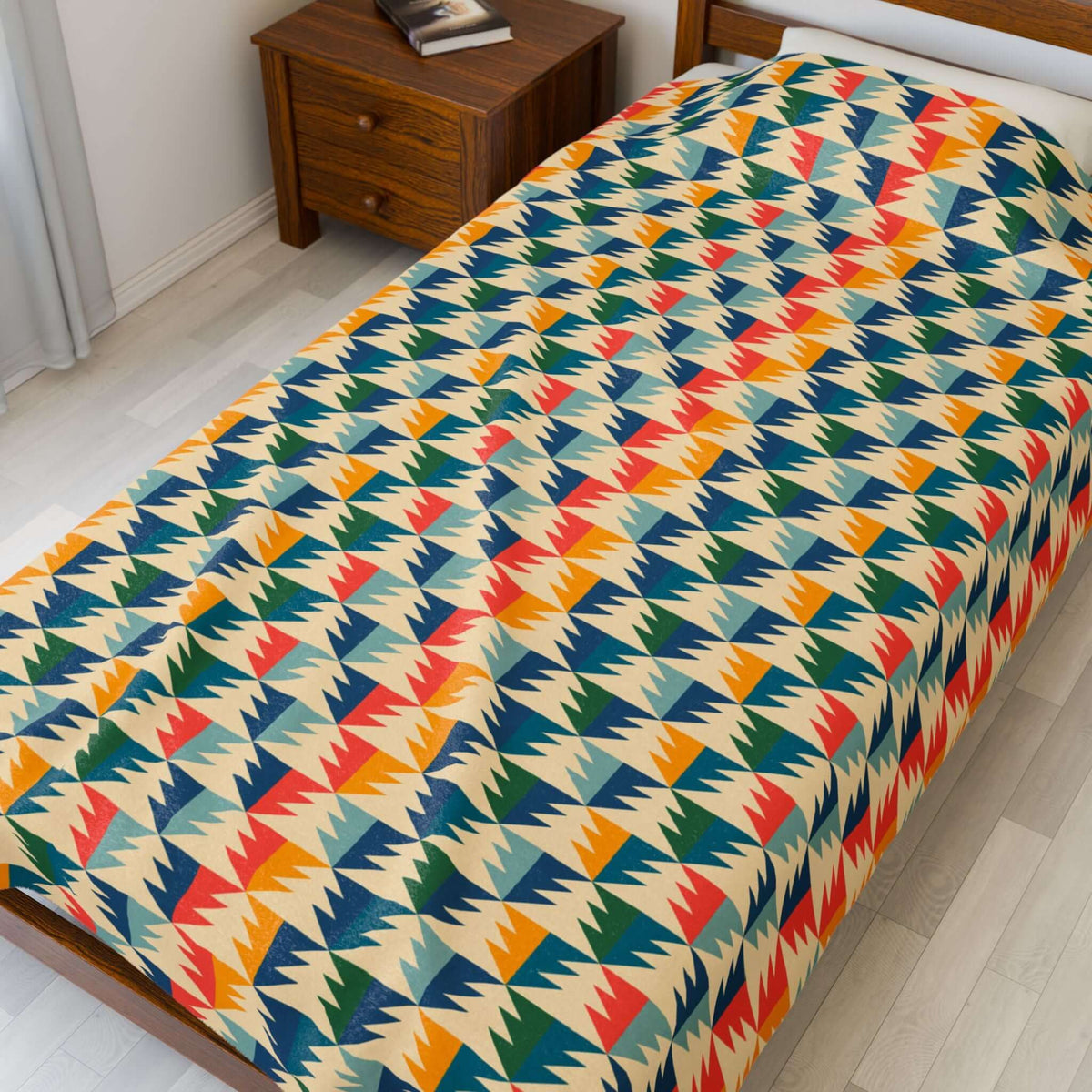 Apres Evergreen in the PNW Retro Lightweight Cozy Blanket featuring vibrant retro ski colors and pine tree design.