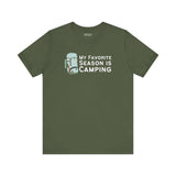 My Favorite Season is Camping Tee with a camping backpack graphic on an olive green shirt.
