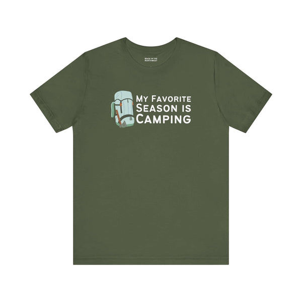 My Favorite Season is Camping Tee with a camping backpack graphic on an olive green shirt.