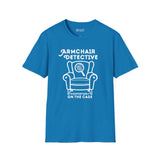 Armchair Detective T Shirt – Cozy True Crime Graphic Tee with armchair and magnifying glass design.