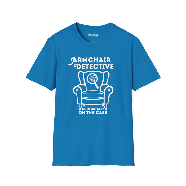 Armchair Detective T Shirt – Cozy True Crime Graphic Tee with armchair and magnifying glass design.