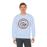 Model wearing The Wagon Life Chose Me cozy sweatshirt featuring a vintage Chevy Nomad design.