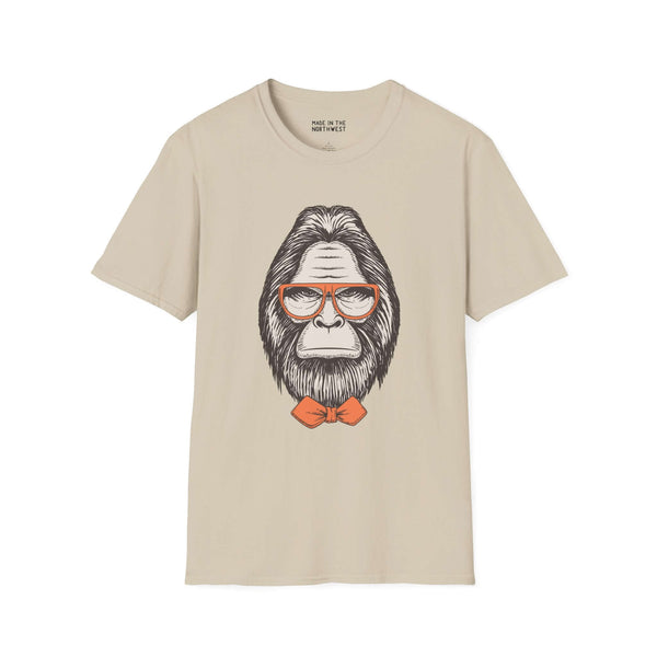 Gentleman of the Woods Bigfoot softstyle t-shirt featuring a sophisticated Sasquatch with glasses and bowtie.