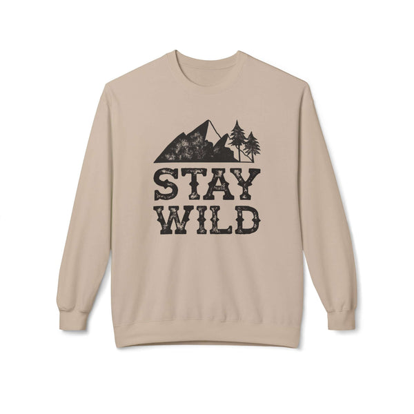Stay Wild sweatshirt featuring a vintage mountain and trees graphic on a cozy crewneck.
