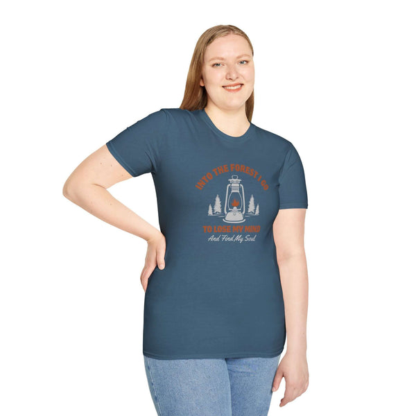 Woman wearing Into the Forest I Go to Lose My Mind T-Shirt, perfect for nature lovers and outdoor adventures.