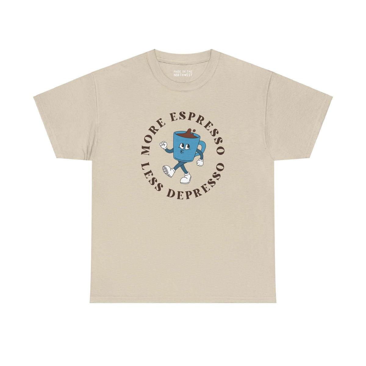 Beige athletic tee with "More Espresso Less Depresso" text and playful coffee cup graphic for coffee lovers.