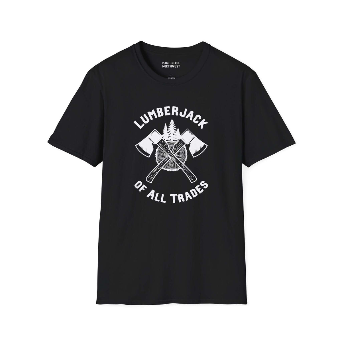 Black Lumberjack of All Trades Softstyle T-Shirt featuring crossed axes and a tree design.