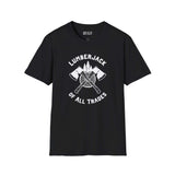 Black Lumberjack of All Trades Softstyle T-Shirt featuring crossed axes and a tree design.