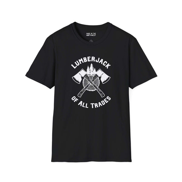 Black Lumberjack of All Trades Softstyle T-Shirt featuring crossed axes and a tree design.