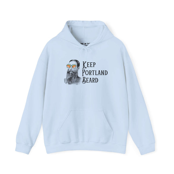 Light blue Keep Portland Beard hoodie with a bearded man in funky sunglasses design.