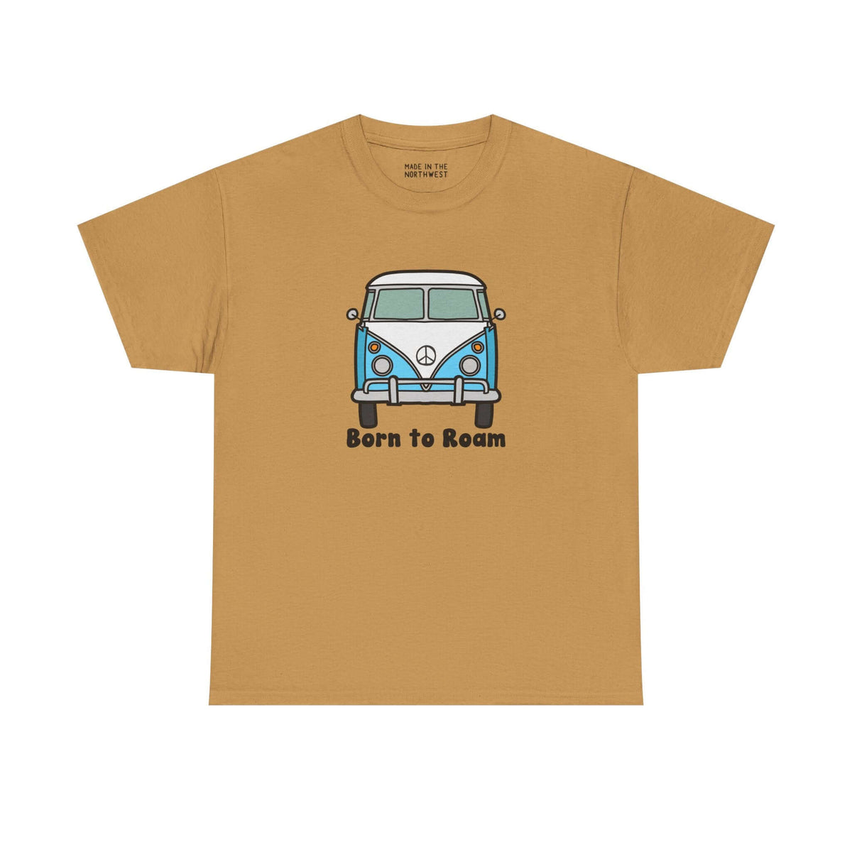 Born to Roam Athletic Tee featuring a vintage vanagon bus and peace sign on a golden shirt.