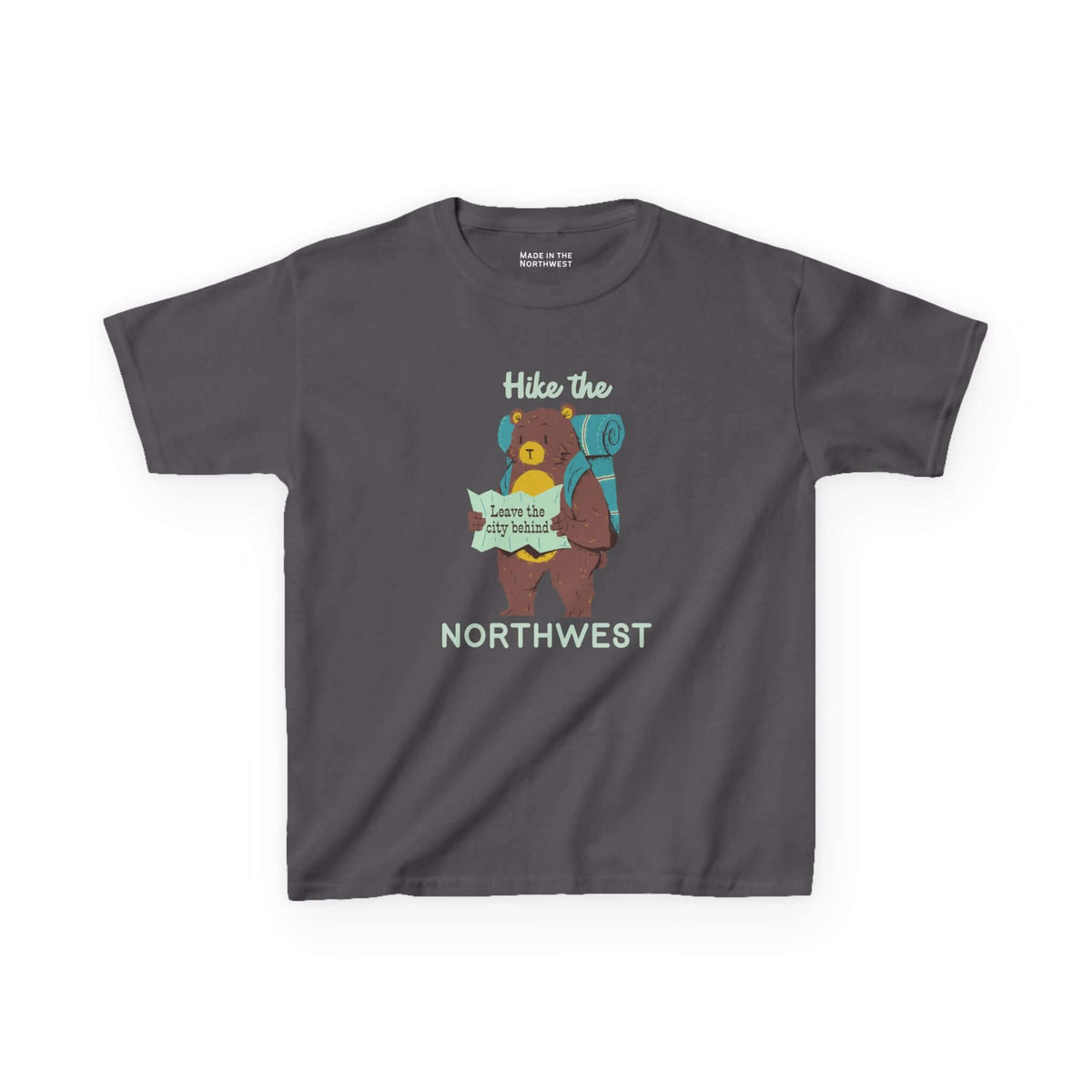 Hike the Northwest kids t shirt featuring a bear with a backpack, perfect for adventurous children.