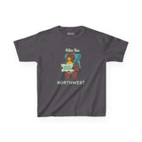 Hike the Northwest kids t shirt featuring a bear with a backpack, perfect for adventurous children.