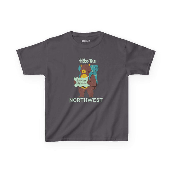 Hike the Northwest kids t shirt featuring a bear with a backpack, perfect for adventurous children.