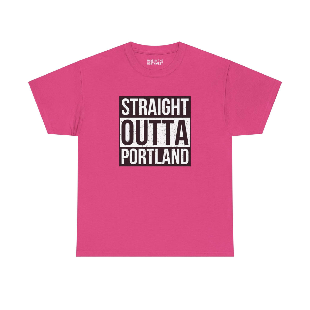 Pink "Straight Outta Portland" athletic tee with bold streetwear design, showcasing city pride and inspired by iconic style.