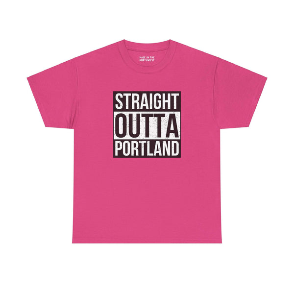 Pink "Straight Outta Portland" athletic tee with bold streetwear design, showcasing city pride and inspired by iconic style.