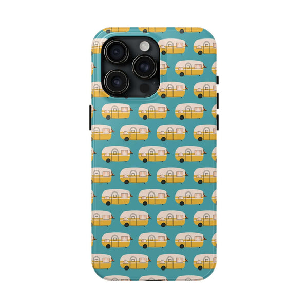 Happy Camper tough phone case with vintage camper design, perfect for adventure lovers and travel enthusiasts.