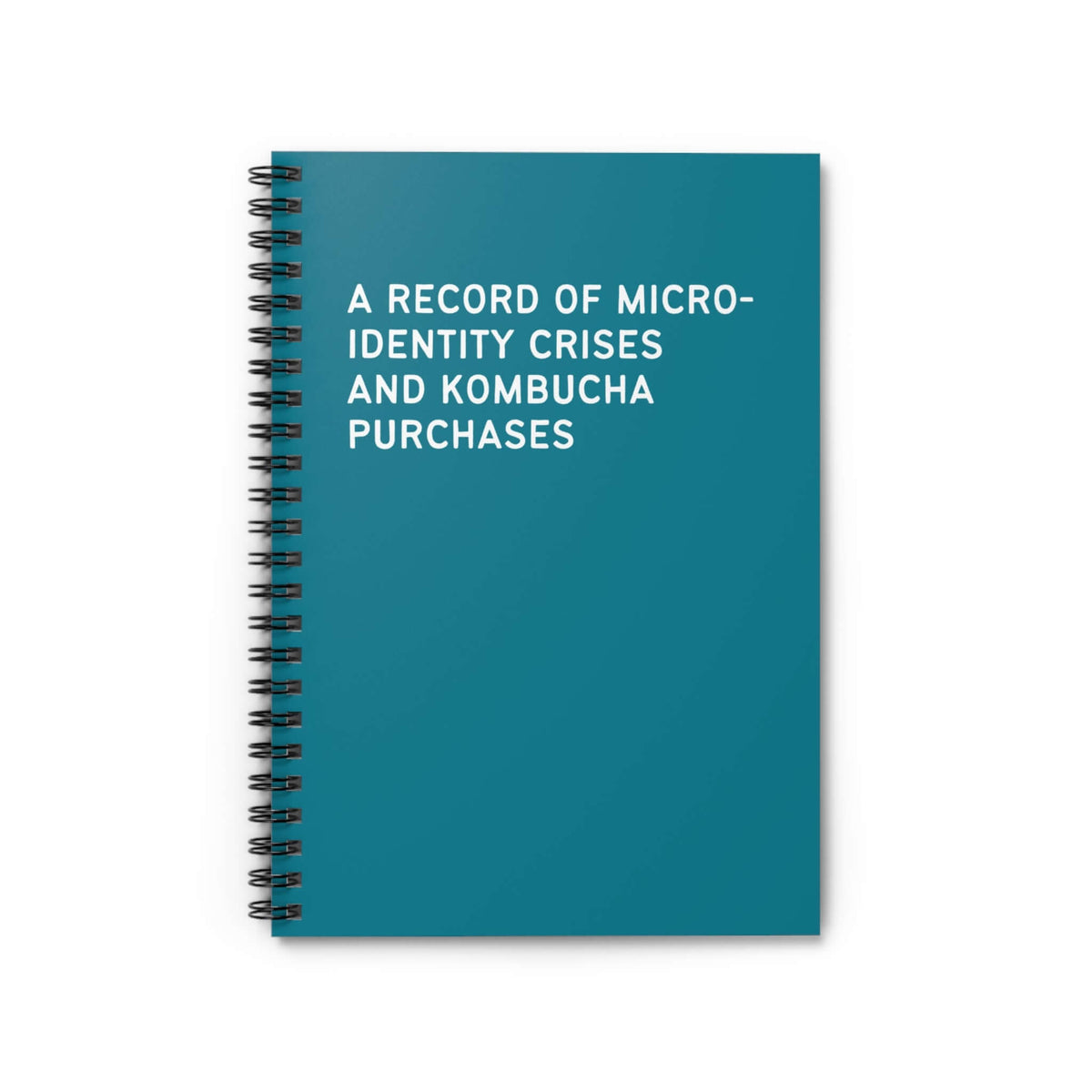 Teal spiral notebook titled 'A Record of Micro-Identity Crises and Kombucha Purchases' for personal reflection.