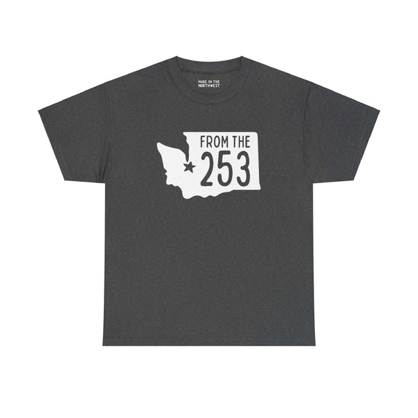 Black "From the 253" athletic tee with Washington state silhouette and Tacoma star design, showcasing Tacoma pride and area code 253.