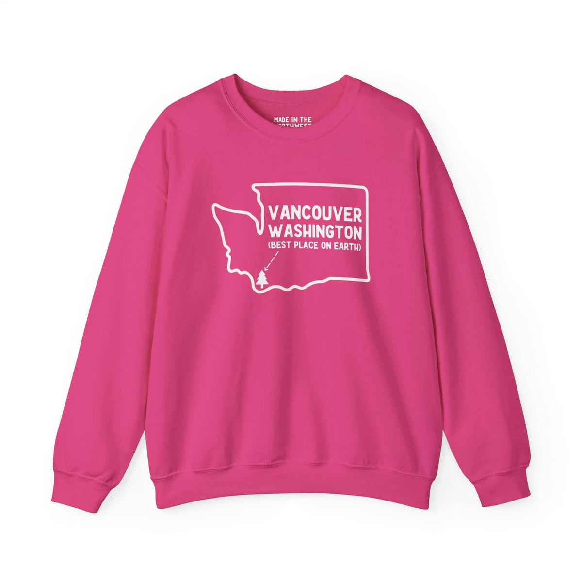 Vancouver Washington sweatshirt with state outline and tree icon, celebrating Pacific Northwest pride in pink color.