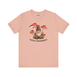 Proud Gnomebody premium soft tee featuring a gnome surrounded by mushrooms, perfect for homebodies.