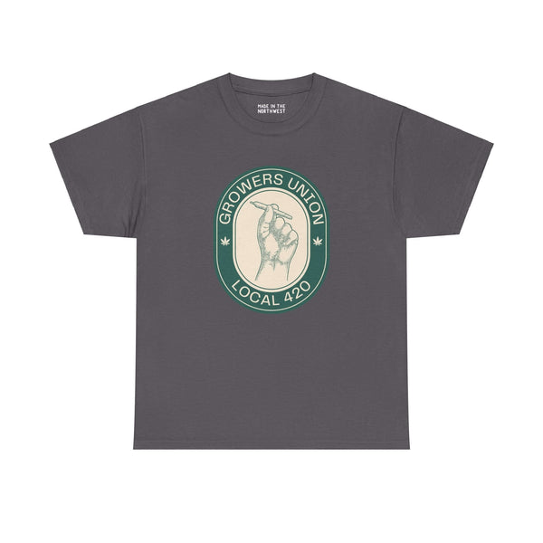 "Grower's Union Local 420 athletic tee with hand holding joint illustration on gray fabric"