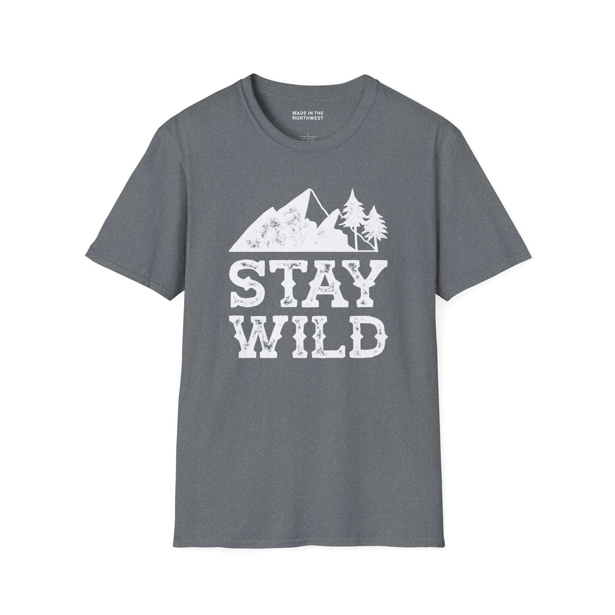 Stay Wild T Shirt featuring a distressed mountain design, perfect for outdoor enthusiasts.