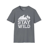 Stay Wild T Shirt featuring a distressed mountain design, perfect for outdoor enthusiasts.