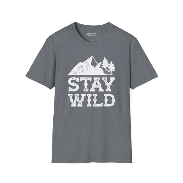 Stay Wild T Shirt featuring a distressed mountain design, perfect for outdoor enthusiasts.