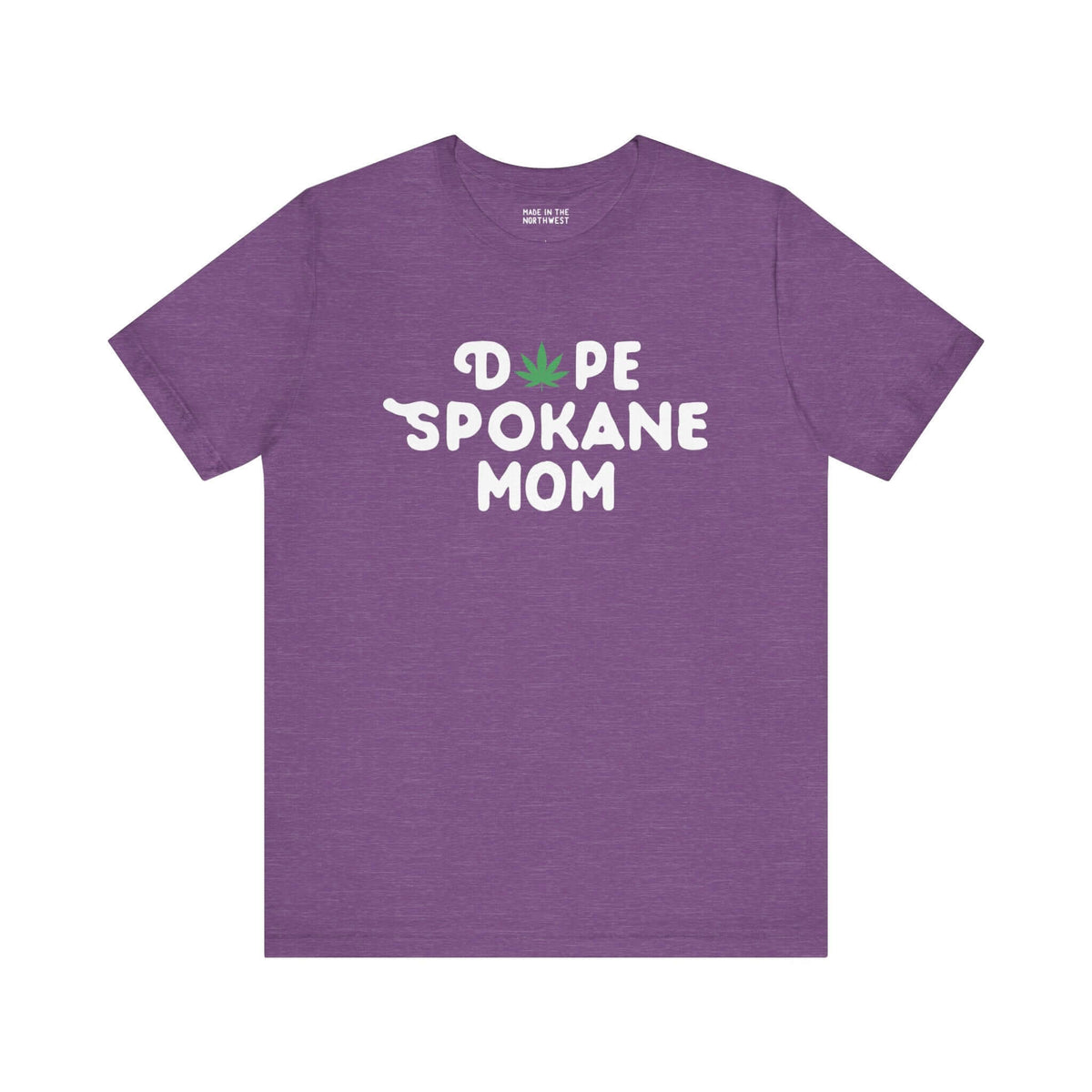 Purple "Dope Spokane Mom" tee with marijuana leaf design, celebrating Washington's local vibe and cool Lilac City moms.