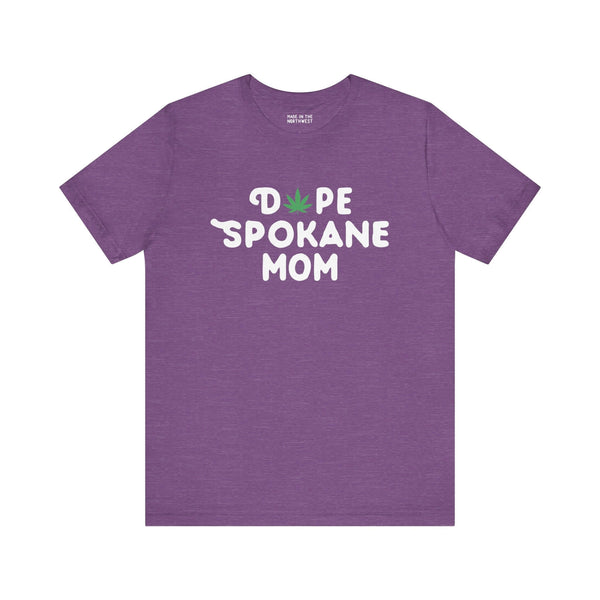 Purple "Dope Spokane Mom" tee with marijuana leaf design, celebrating Washington's local vibe and cool Lilac City moms.