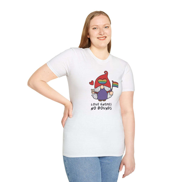 Woman wearing Love Gnomes No Bounds Pride T-shirt with gnome and rainbow flag design.