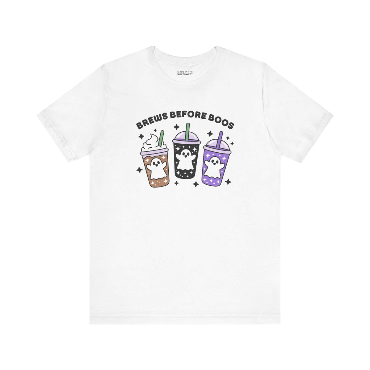 Brews Before Boos Halloween Coffee Premium Soft Tee featuring ghost-themed iced coffees design.