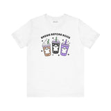 Brews Before Boos Halloween Coffee Premium Soft Tee featuring ghost-themed iced coffees design.
