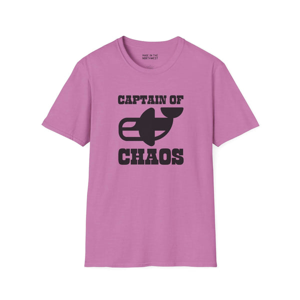 Captain of Chaos Orca Softstyle T-Shirt in purple, featuring bold black lettering and orca design.