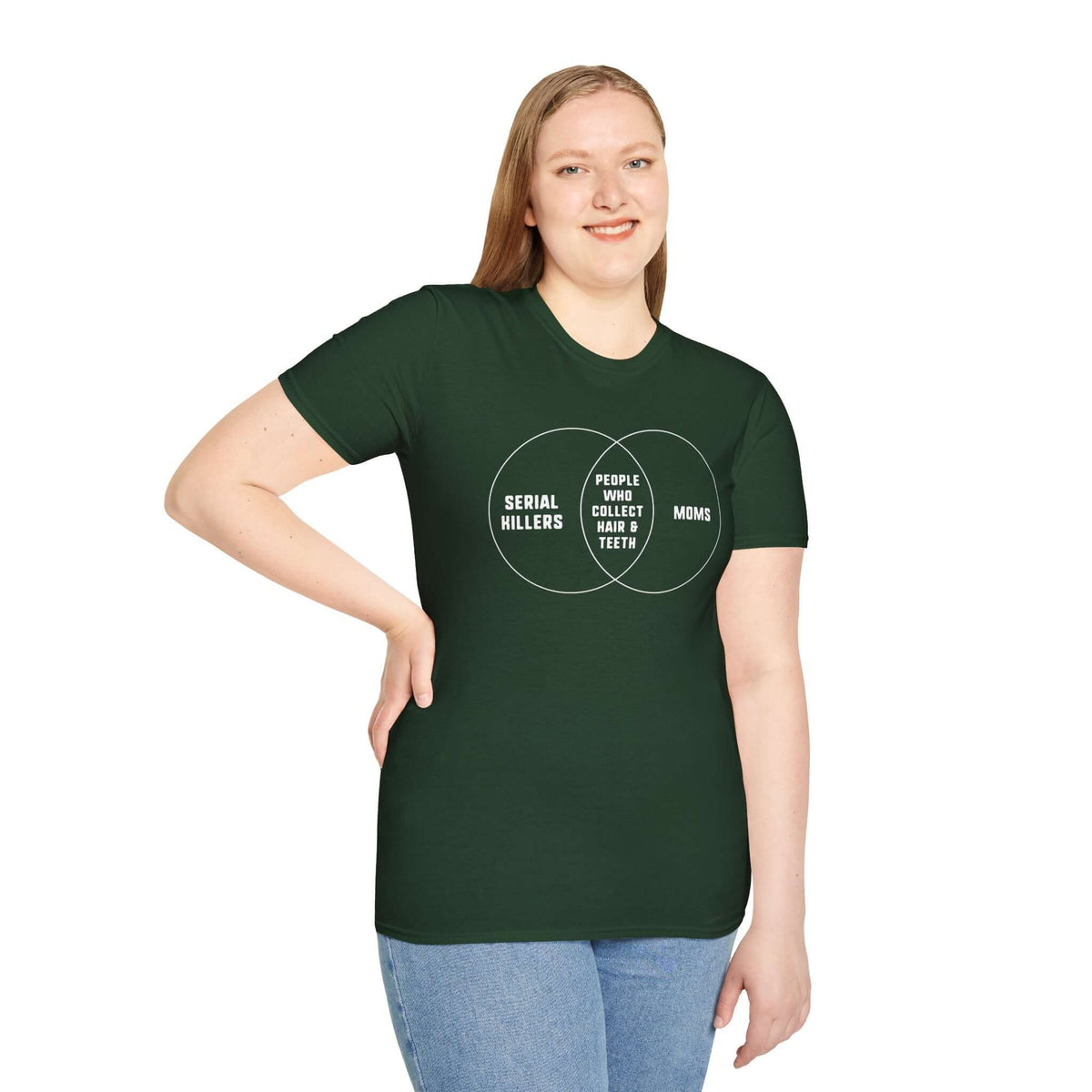 Woman wearing a Serial Killers + Moms Venn Diagram t-shirt, combining humor and true crime themes.