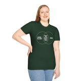 Woman wearing a Serial Killers + Moms Venn Diagram t-shirt, combining humor and true crime themes.