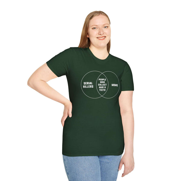 Woman wearing a Serial Killers + Moms Venn Diagram t-shirt, combining humor and true crime themes.