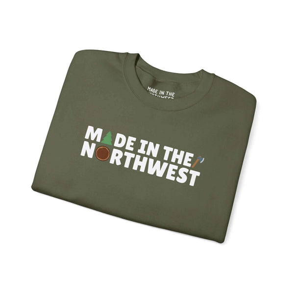 "Green 'Made in the Northwest' sweatshirt with trees and log design, perfect for nature lovers and outdoor enthusiasts"