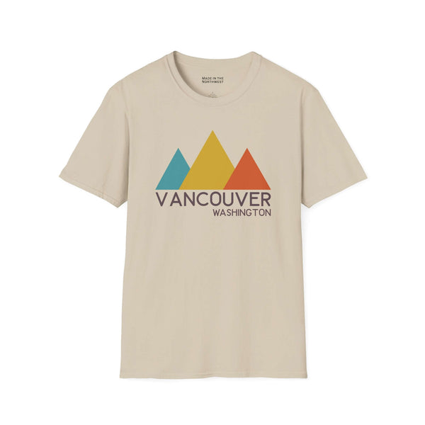 Modern Peaks Vancouver T Shirt featuring a mountain design and Vancouver Washington text.