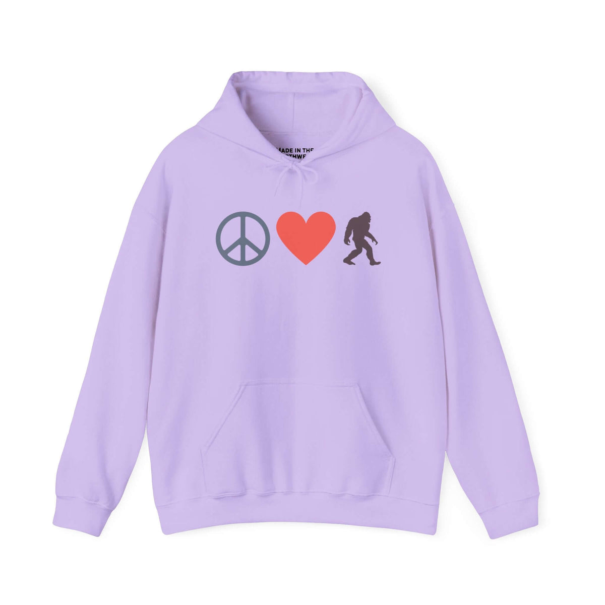 Peace, Love, and Bigfoot Cozy Hoodie in lavender, featuring peace sign, heart, and Bigfoot graphics.