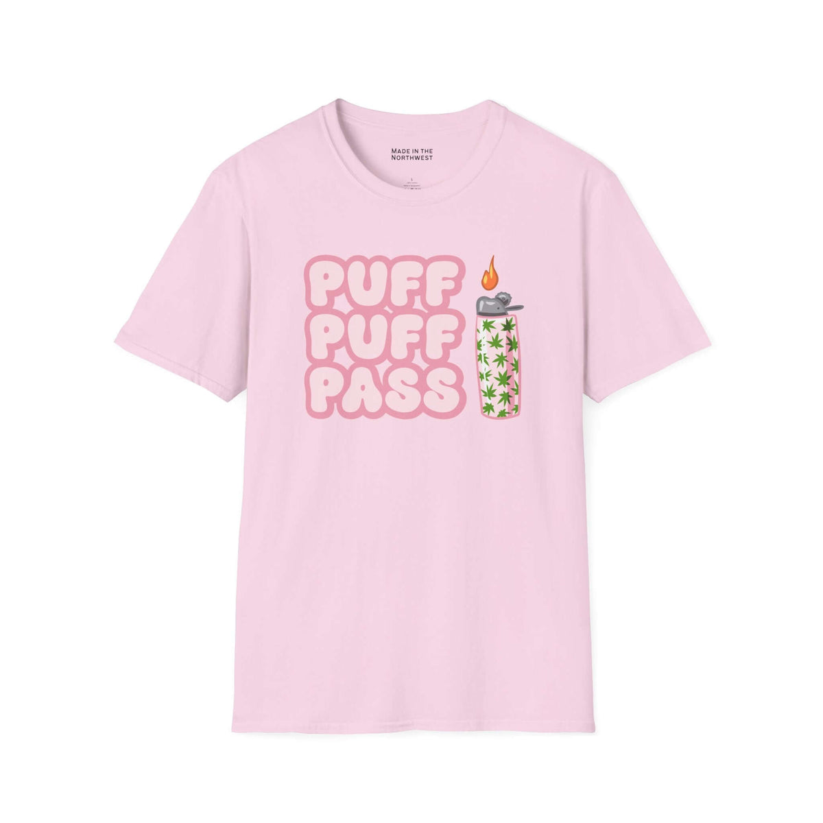 Puff Puff Pass T Shirt featuring a retro-style graphic on a pink tee with a lighter illustration.